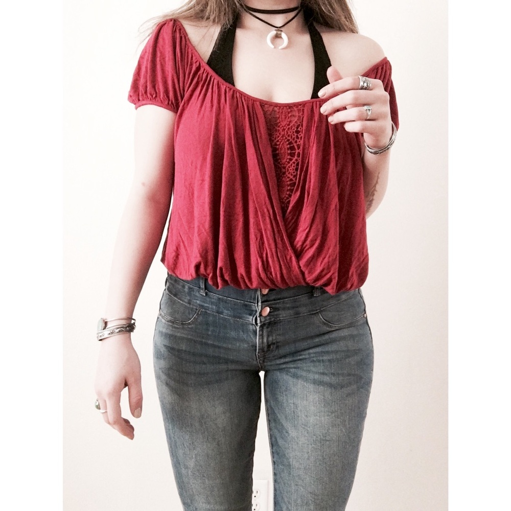 Free People Cropped Open Back Crochet Tee